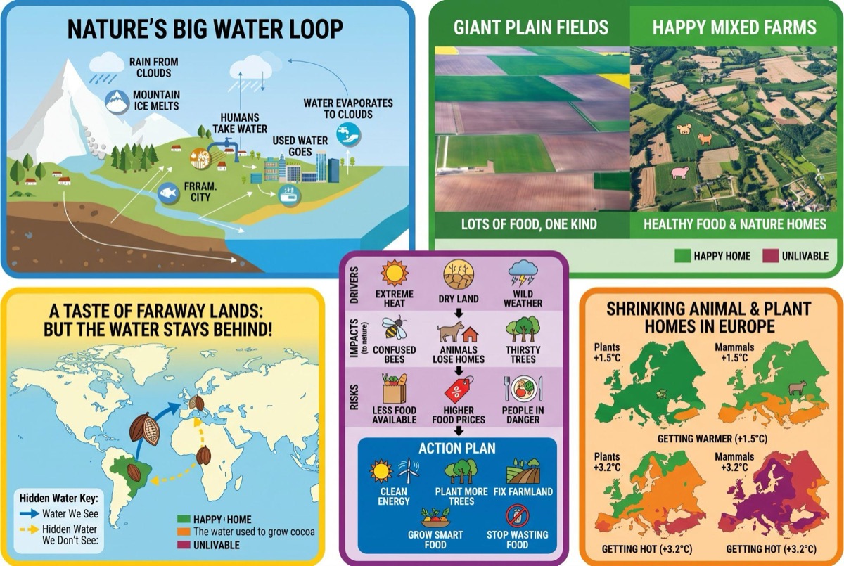 Four illustrated posters: the water loop, single-crop fields and mixed farms, imported goods and the water they use, shrinking habitats in Europe
